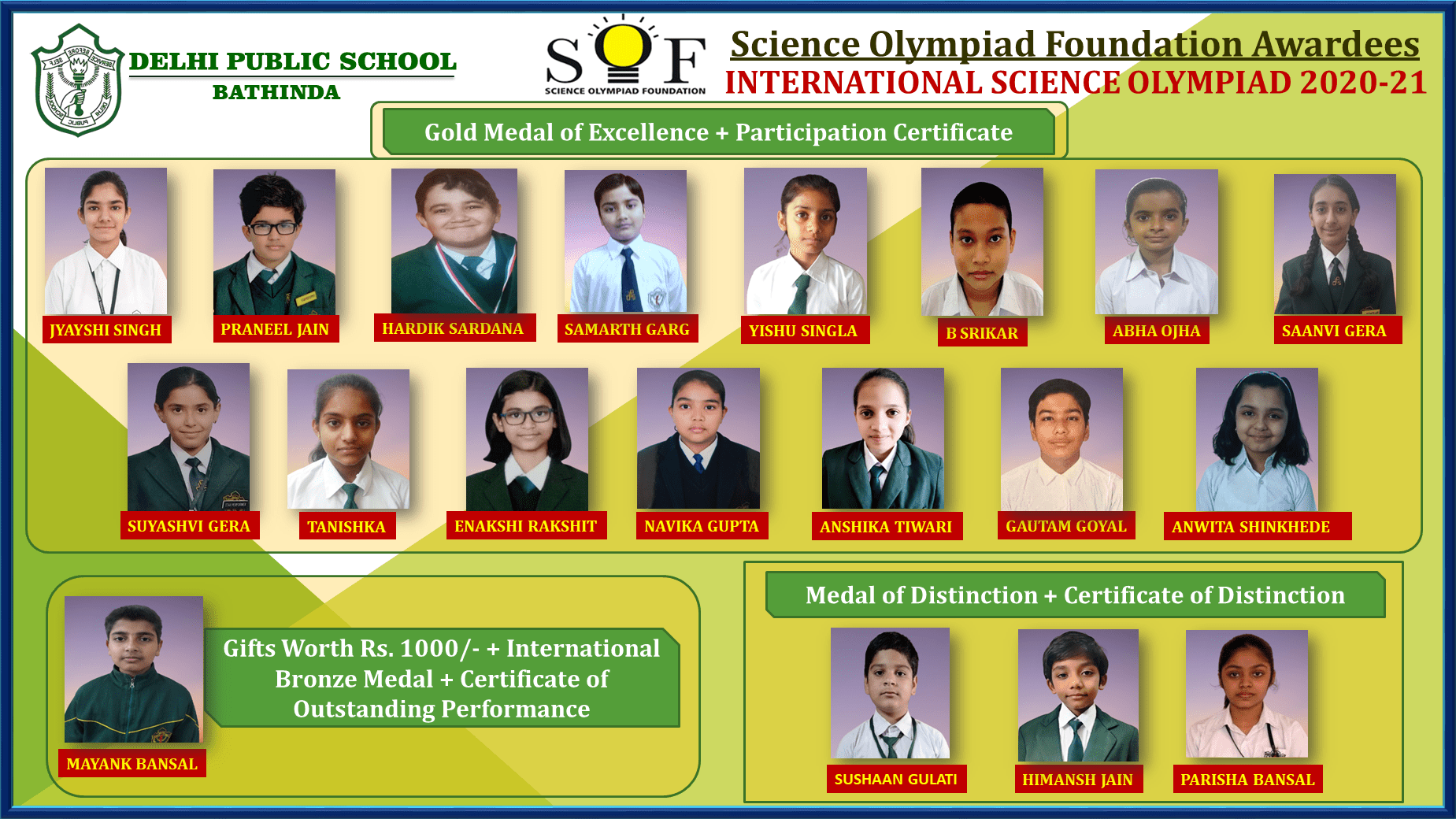 SOF INTERNATIONAL SCIENCE OLYMPIAD AWARDEE 202021 DPS Bathinda